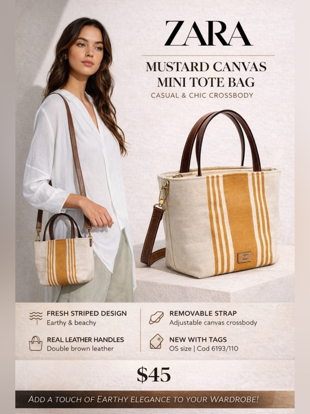 ZARA Mustard Striped Fabric Mini Tote Bag NWT OS Crossbody Canvas Tote Zip Closu